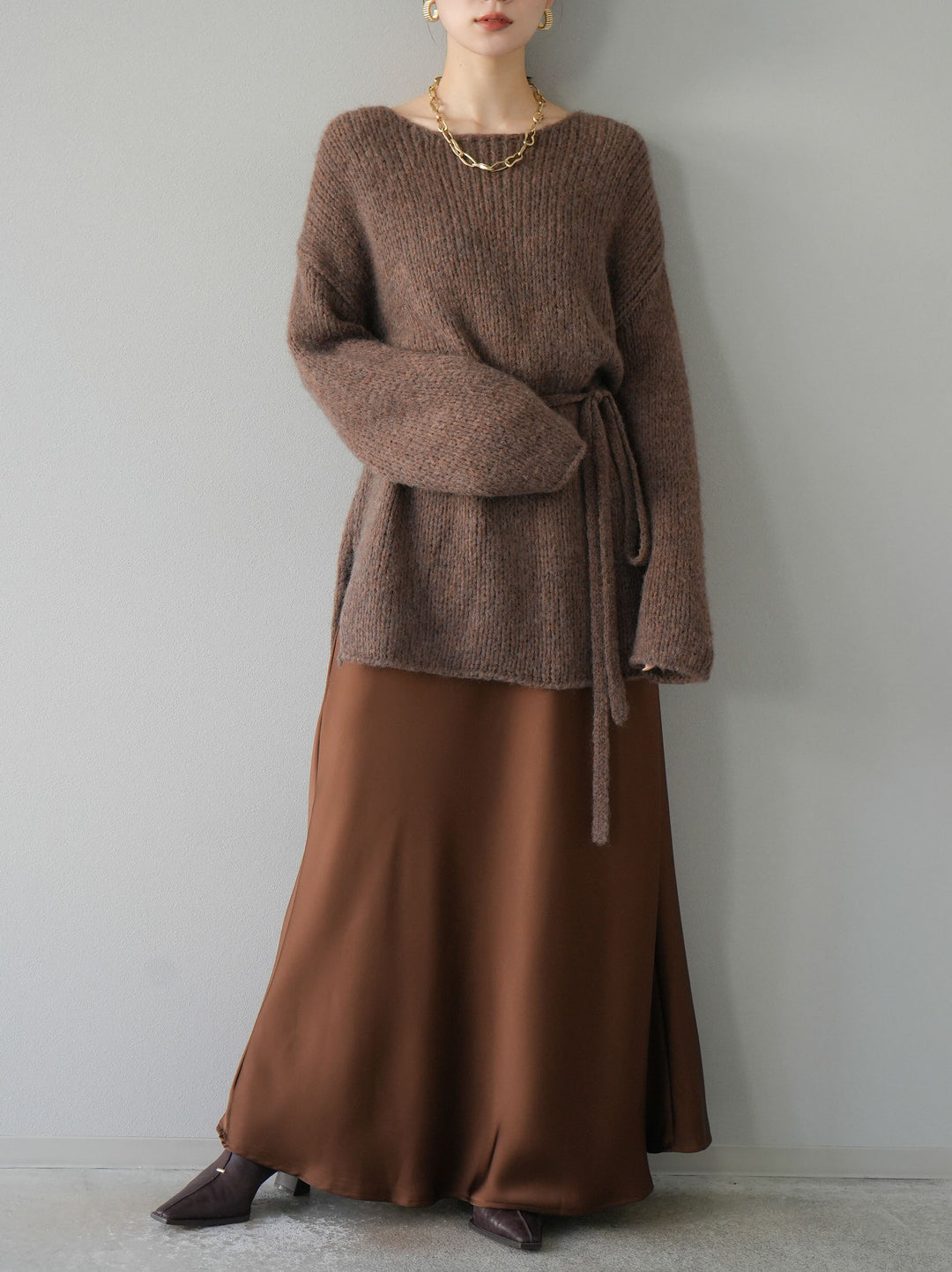 [予約]紐付きあぜ編みオーバーニットプルオーバー/ブラウン
