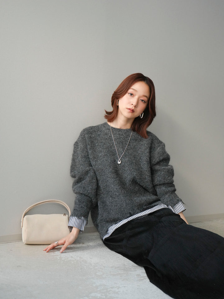 [予約]裾シャツレイヤードダメージニットプルオーバー/darkgrey
