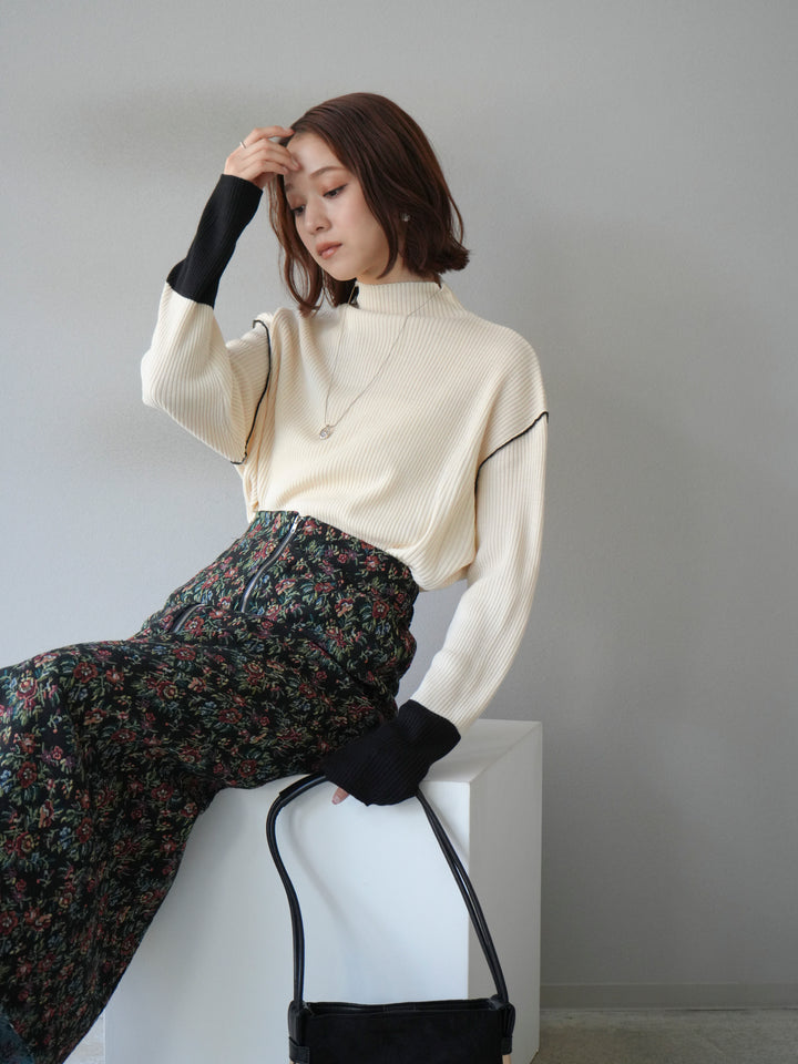 [予約]ボトルネック配色リブニットプルオーバー/エクリュ×ブラック