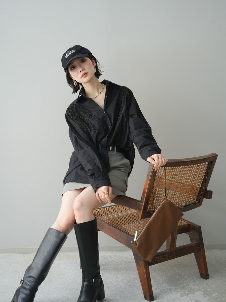[予約]ビーズ刺繍デザインシャツ/black