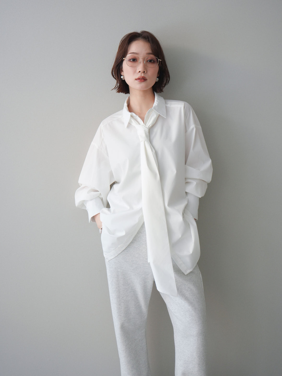 [予約]ボウタイ付オーバーシャツ/white