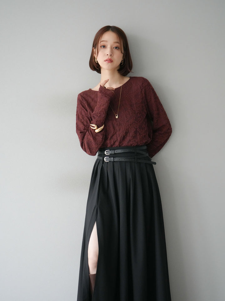 [SET]シアージャガードトップス+エステルプリーツスリットスカート(2set)