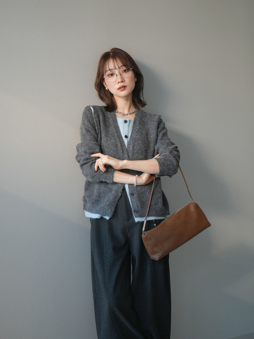 [SET]配色レイヤードニットカーディガン+選べるアクセセット(2set)