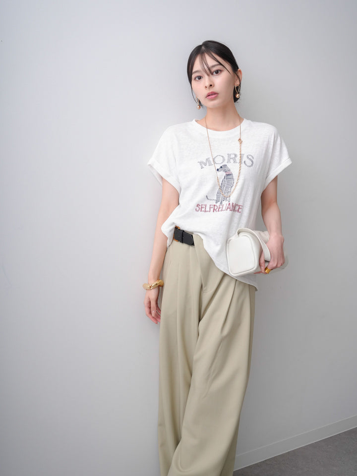 [SET]ドッグエンブロイダリーTEE+アシンメトリーベルトタックワイドパンツ(2set)