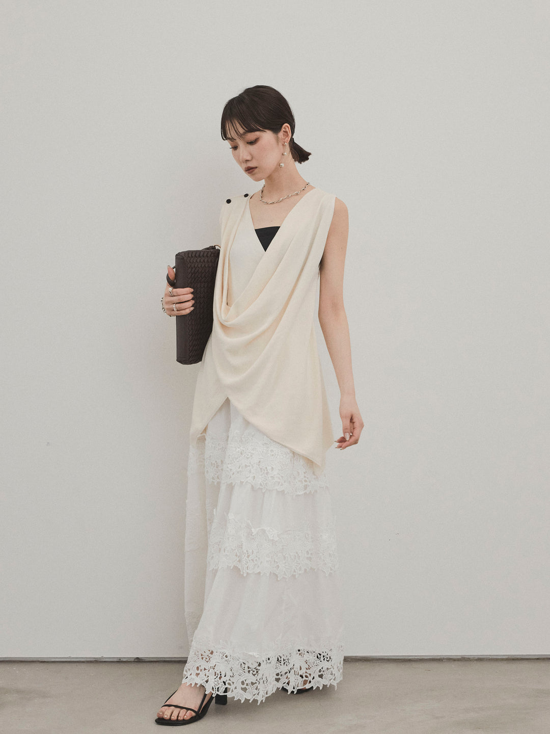 [SET]ドライタッチドレープニットプルオーバー+スカラップレースロングスカート(2set)