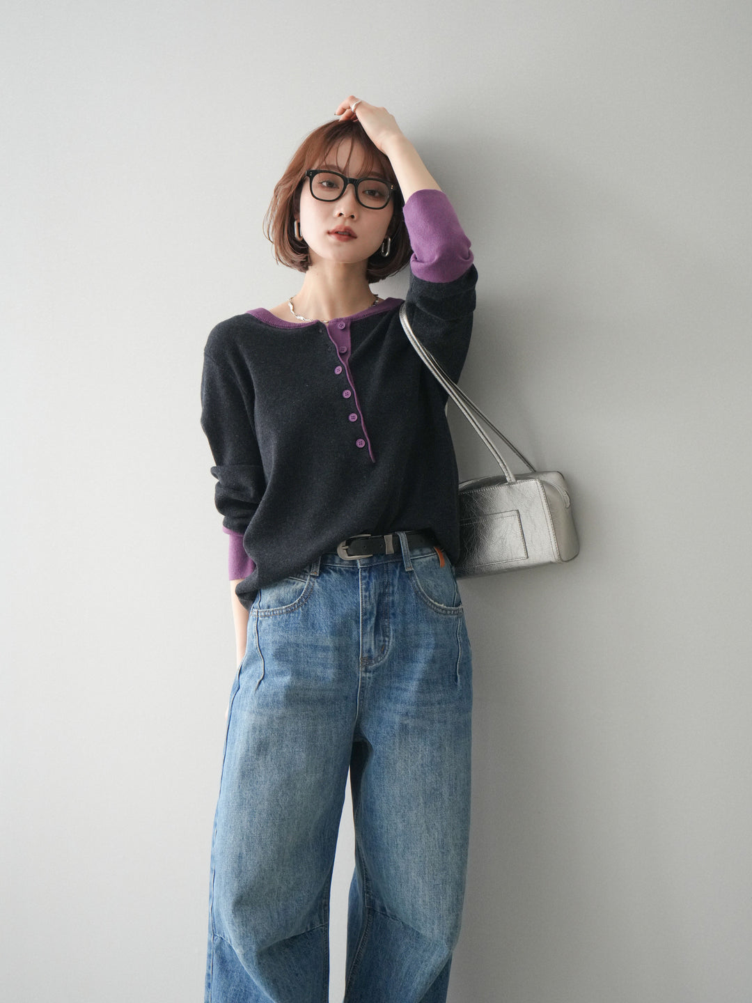 [SET]ヘンリーネック配色ニットソー+選べるアクセセット(2set)