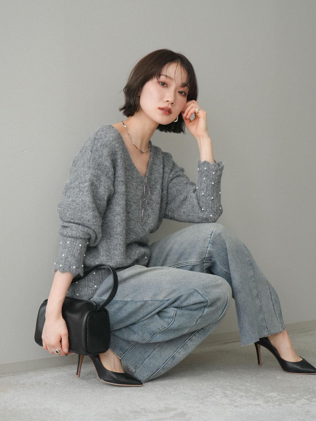 [SET]パールフリルリブヘムニットプルオーバー+選べるアクセセット(2set)