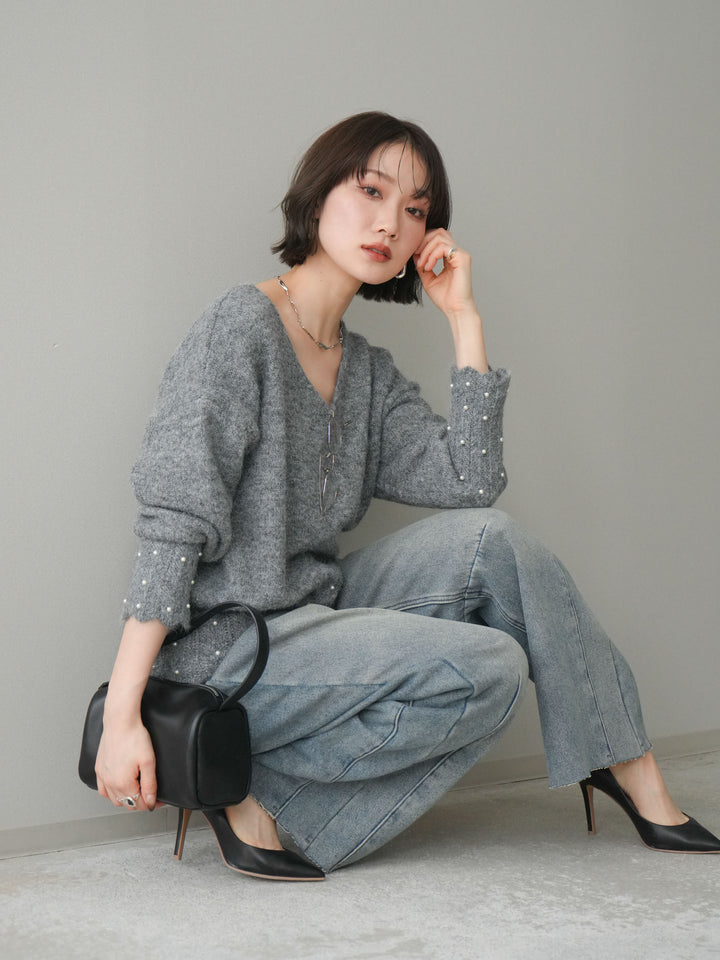 [SET]パールフリルリブヘムニットプルオーバー+選べるアクセセット(2set)