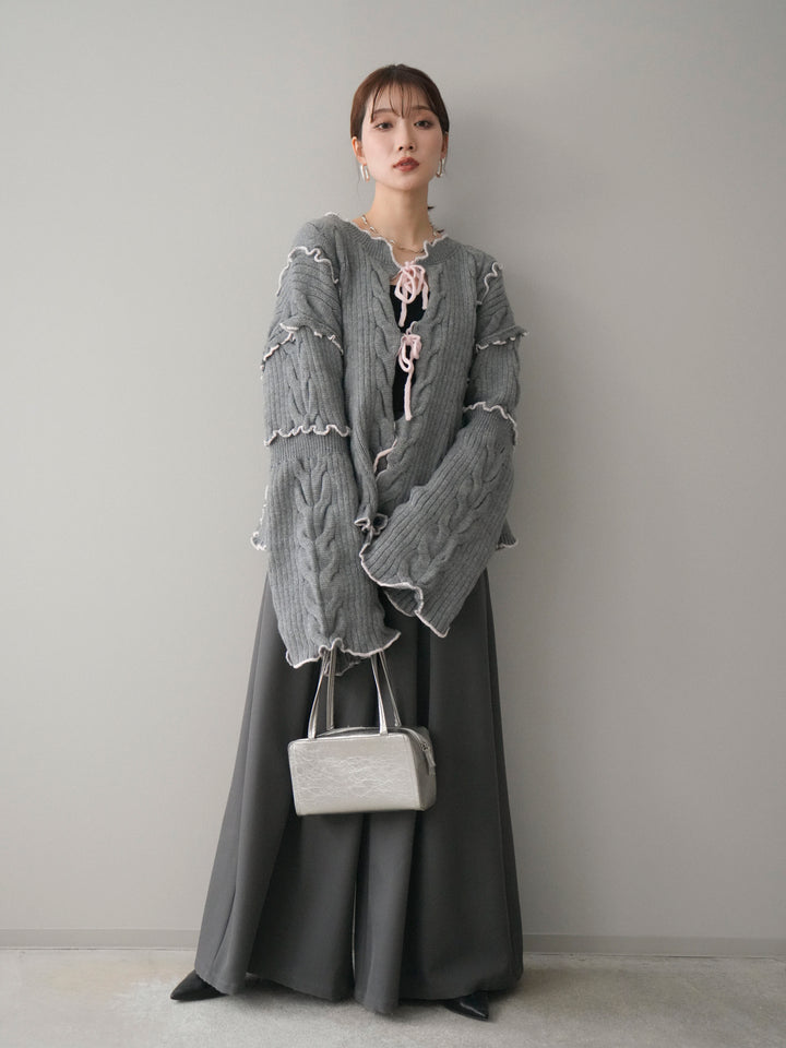 [SET]フロントリボン配色メローニットカーディガン+テープベルトタックバギーパンツ(2set)