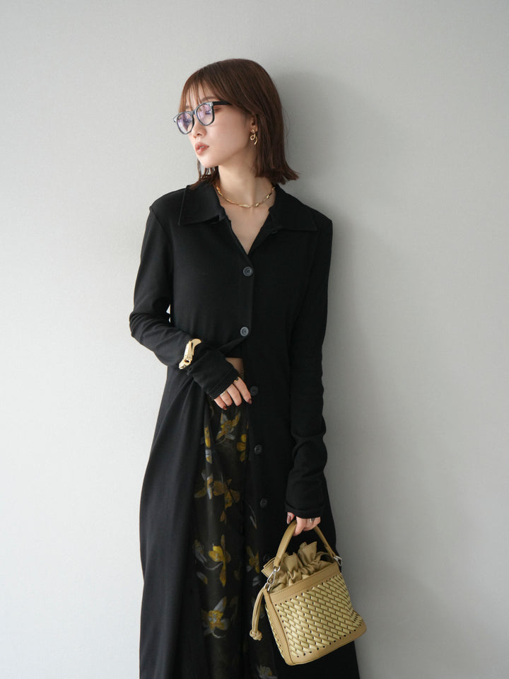 [SET]襟付きカットリブボタンワンピース+フラワープリントチュールレイヤードパンツ(2set)