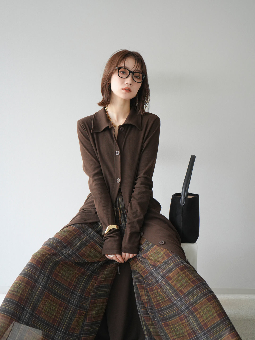 [予約]襟付きカットリブボタンワンピース/ブラウン