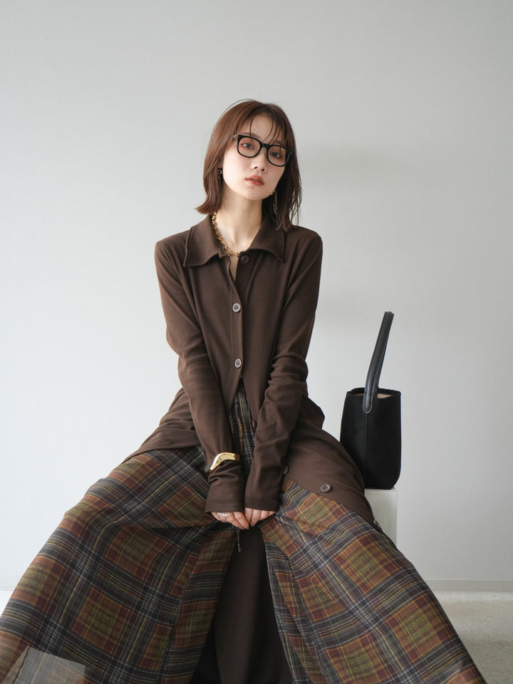 [予約]襟付きカットリブボタンワンピース/ブラウン