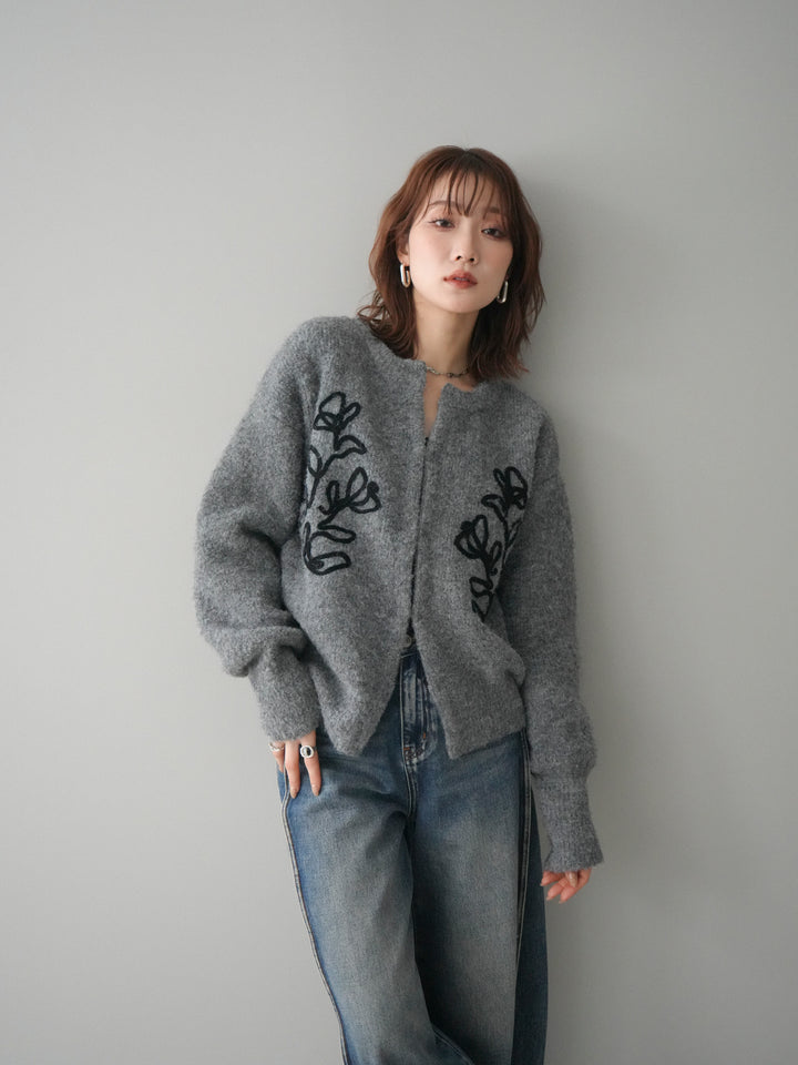 [予約]テープ刺繍ホック開きブークレニットカーディガン/mokugray