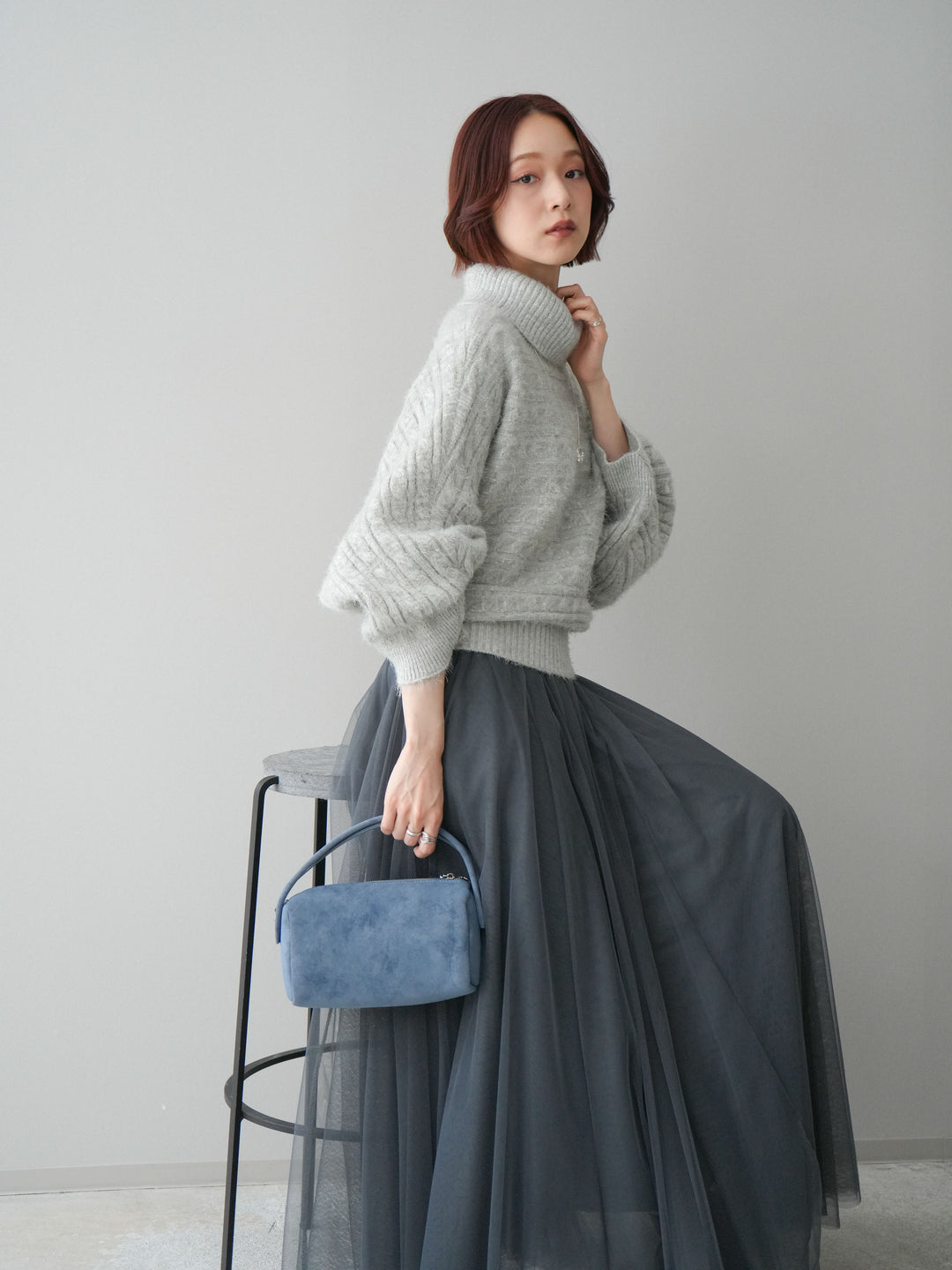 [予約]オフタートルケーブル編みニットプルオーバー/gray