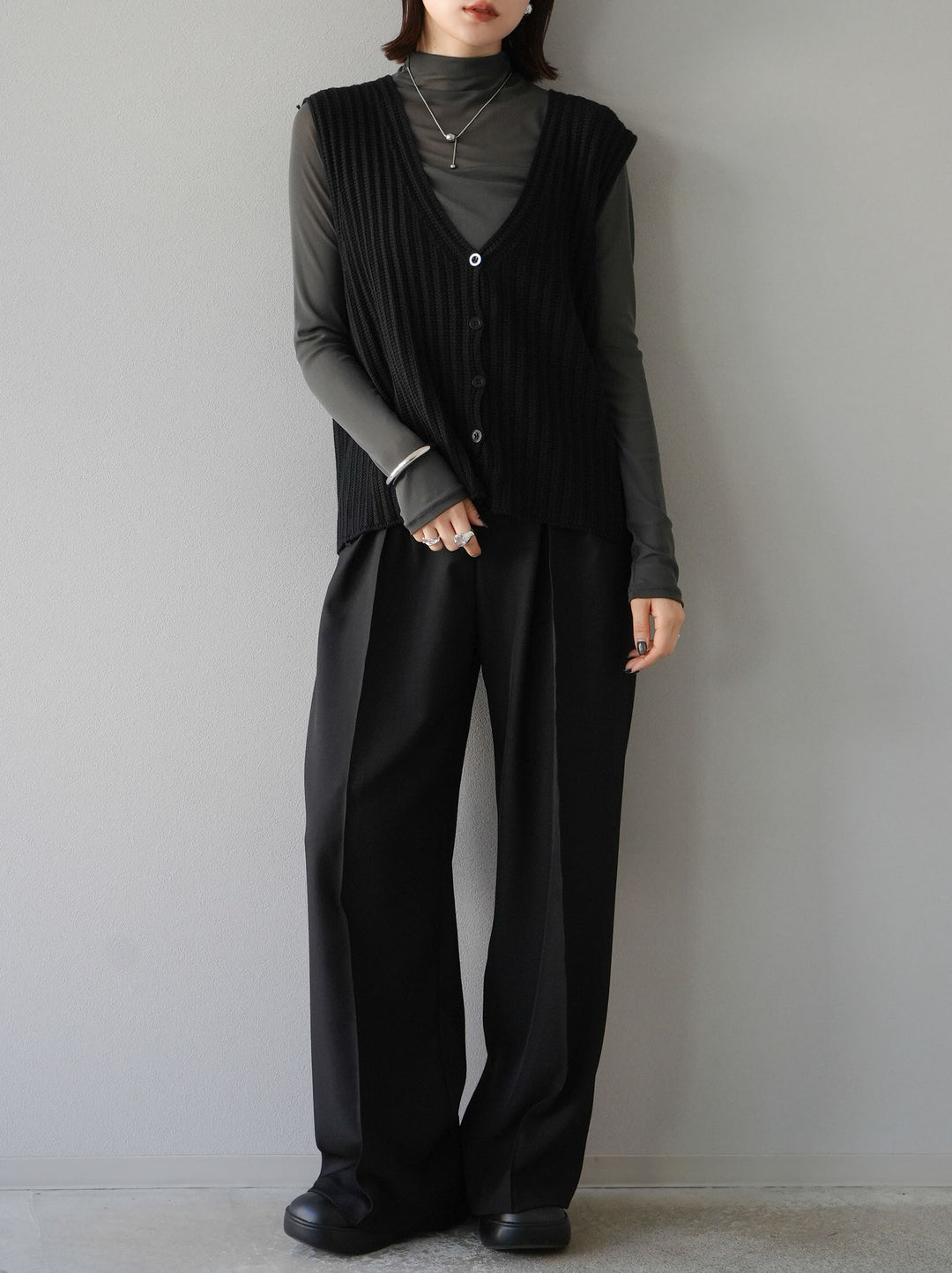 [SET]シアー切替ストレッチ長袖トップス+シアー切替ストレッチトップス(2set)