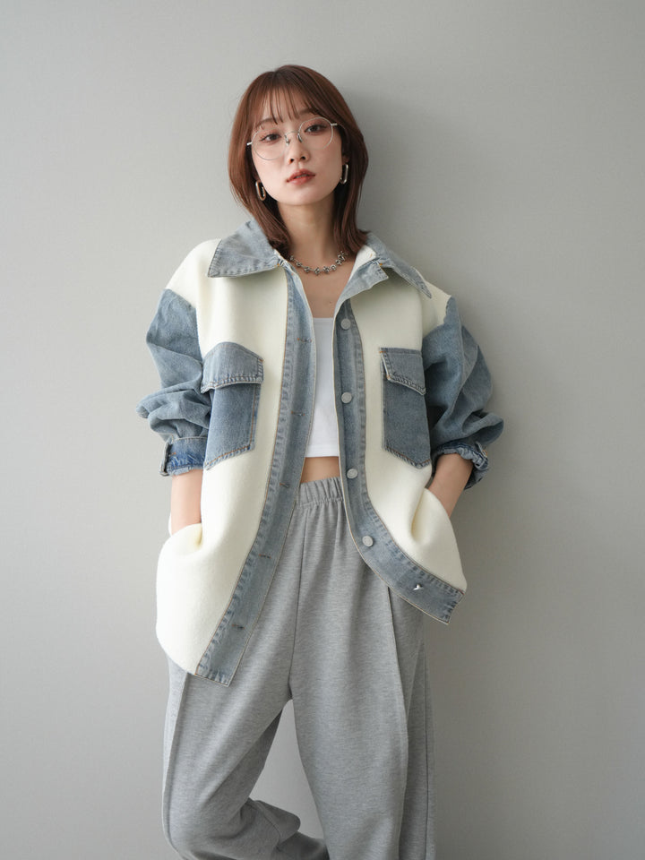 [SET]デニム襟ダブルフェイスニットカーディガン+2WAYデザインスウェットパンツ(2set)