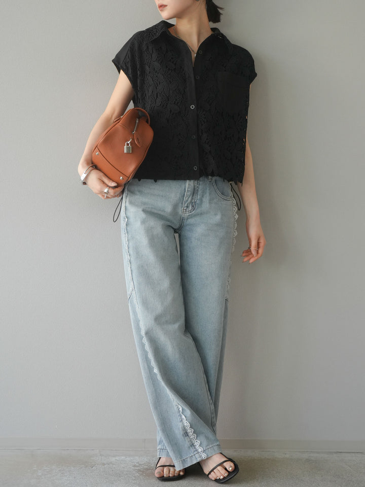 【預購】蕾絲分層抽繩襯衫/黑色