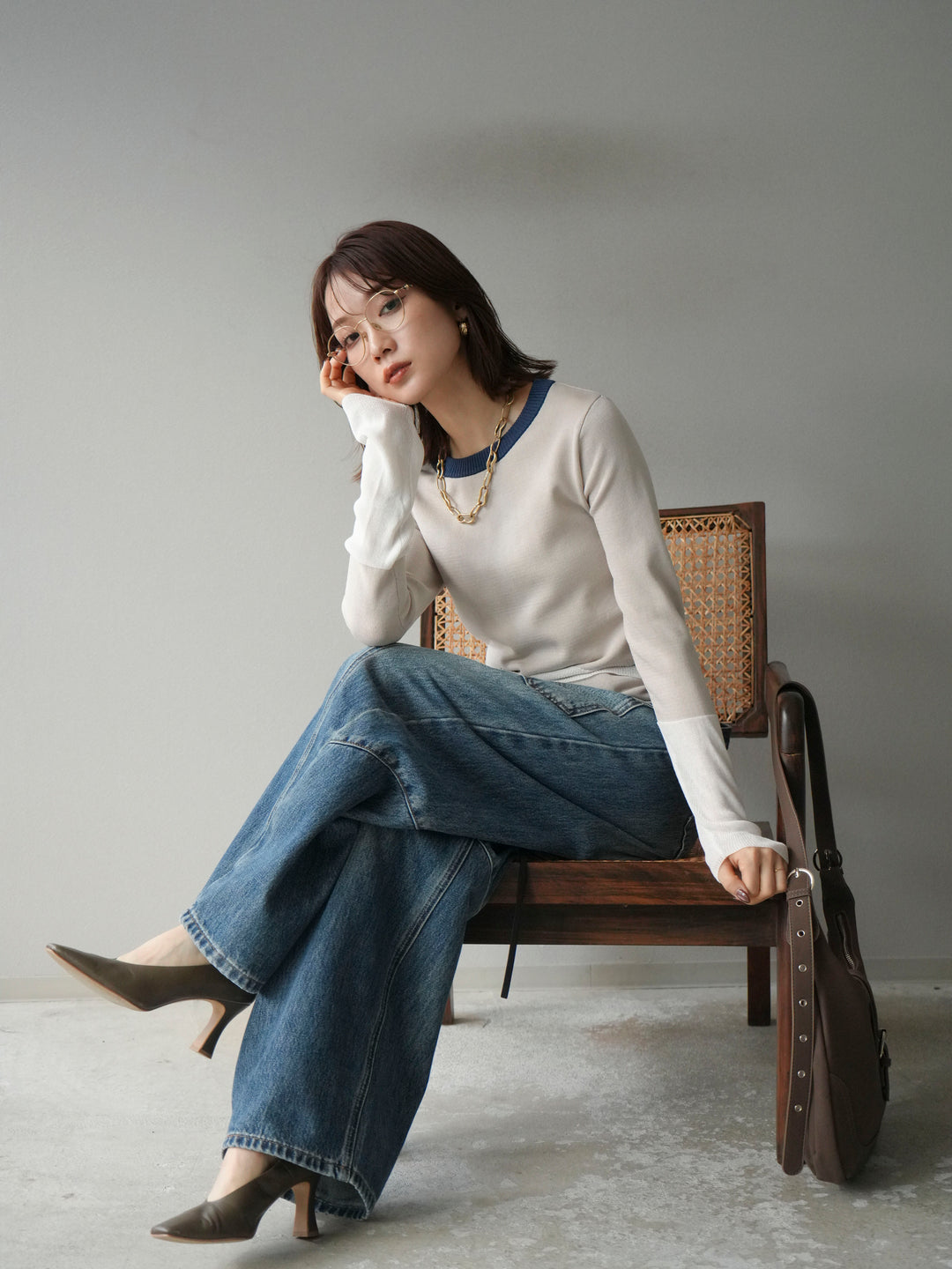 [予約]異素材配色デザインニットトップス/アイボリー