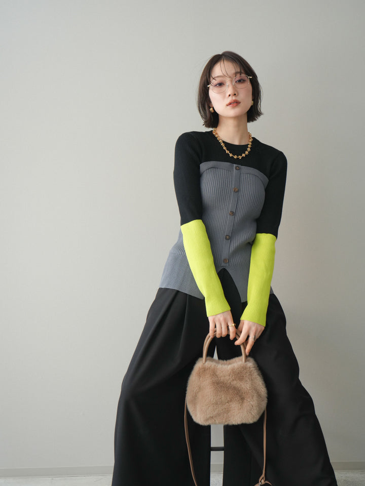 [SET]配色ビスチェドッキングリブニットトップス+選べるアクセセット(2set)