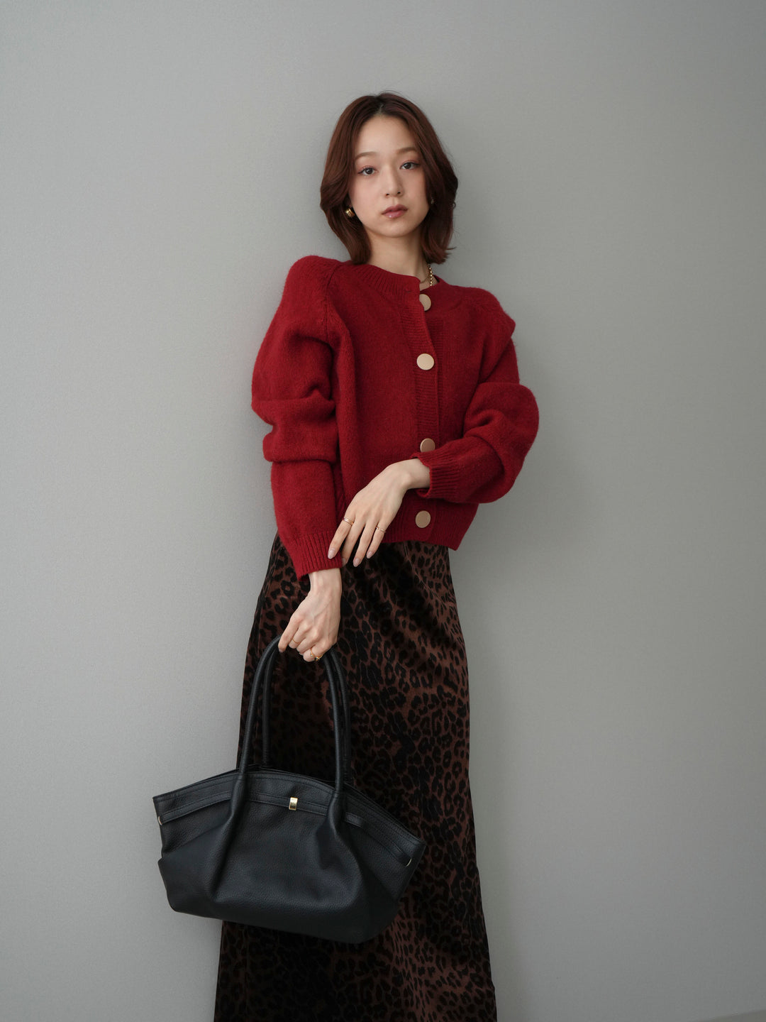 [SET]BIGボタンニットカーディガン+レオパードベロアナロースカート(2set)