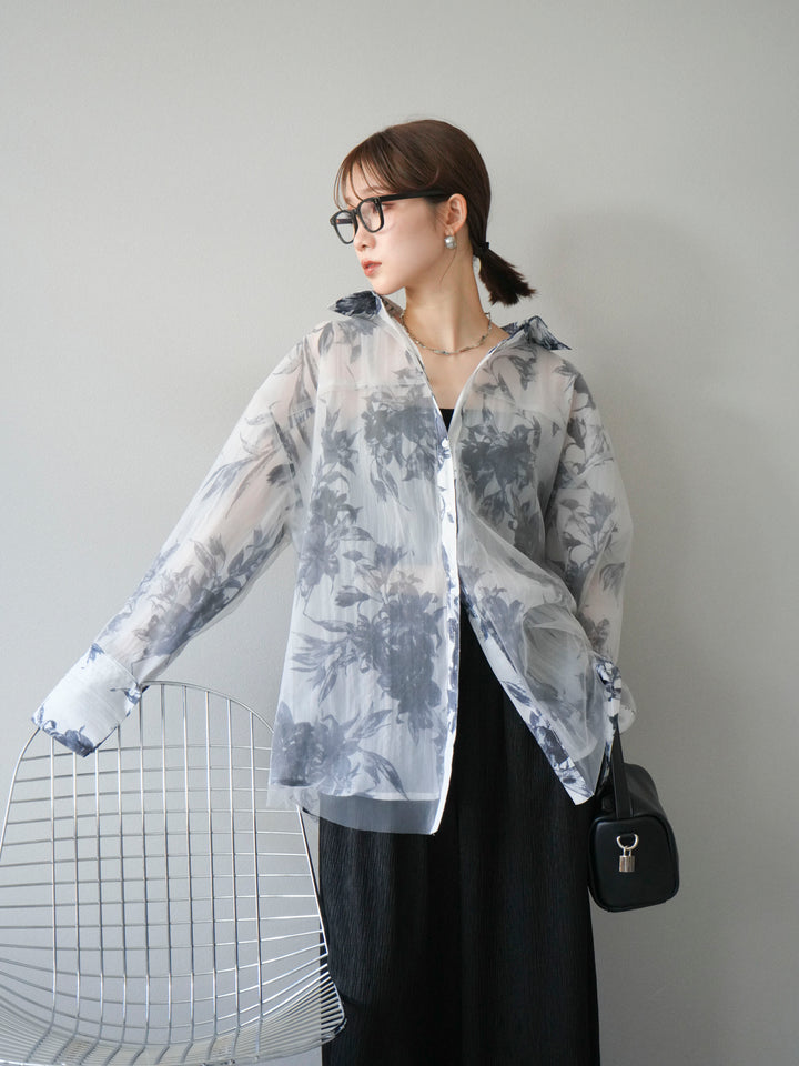 [予約]チュールドッキングフラワー柄オーバーサイズシャツ/グレー