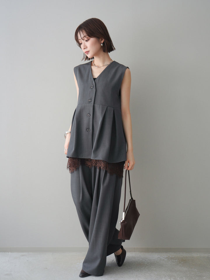 [予約]ウエストバイカラータックワイドパンツ/gray