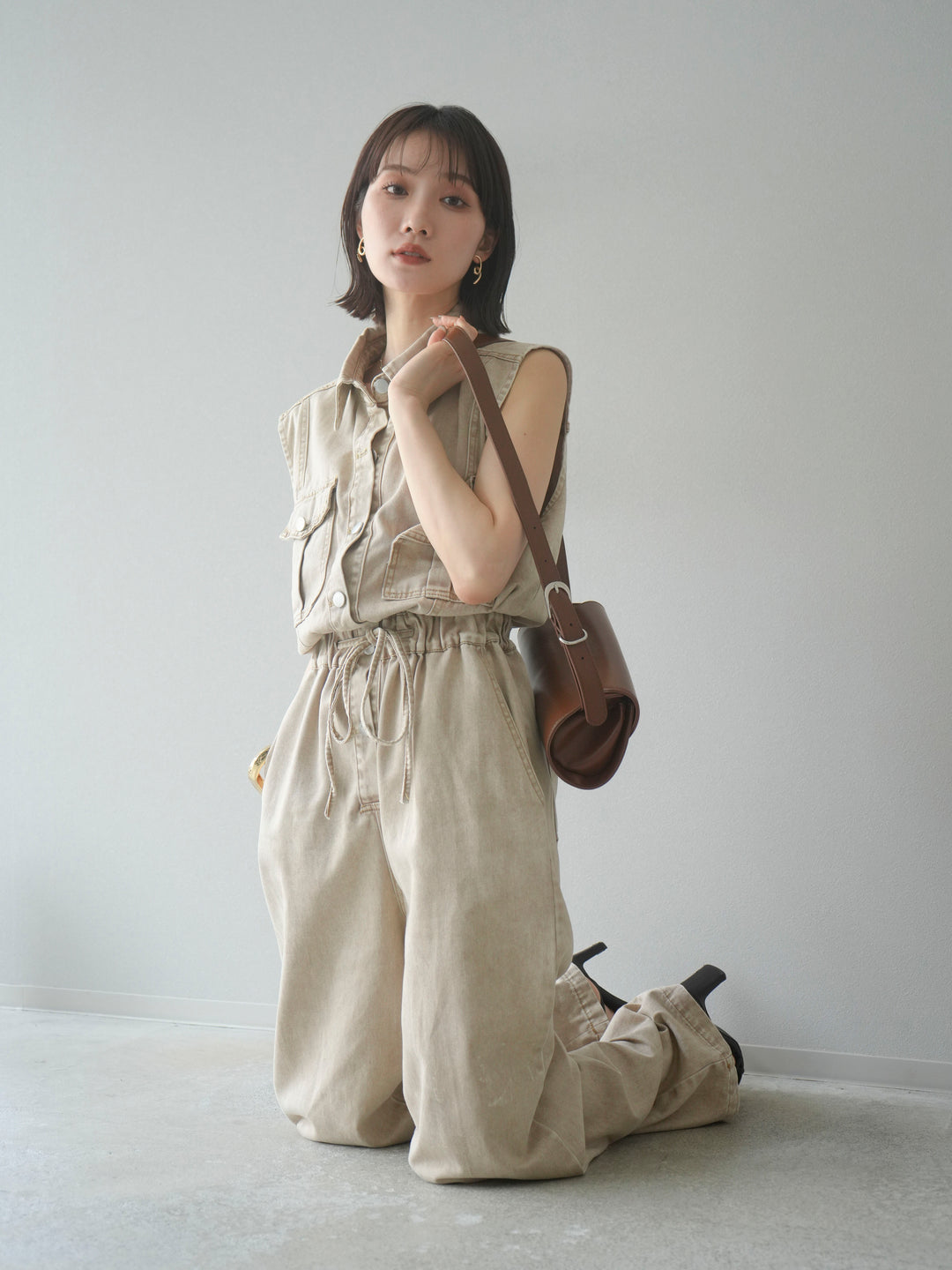 [予約]ポケットデザインデニムオールインワン/キャメル