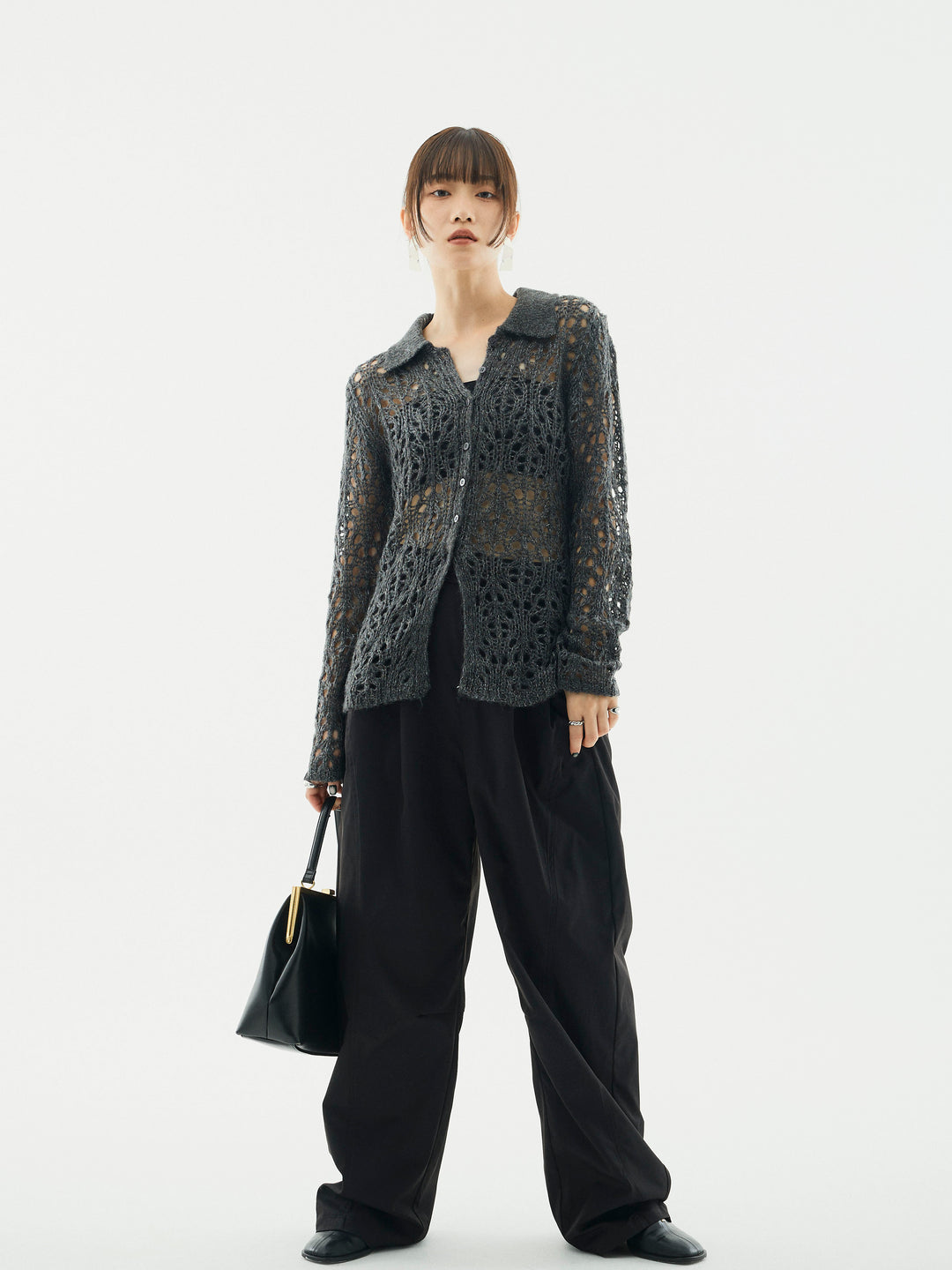 【Allure】[SET]ローゲージ透かし編みポロニッカーディガン+タフタワイドカーブパンツ(2set)