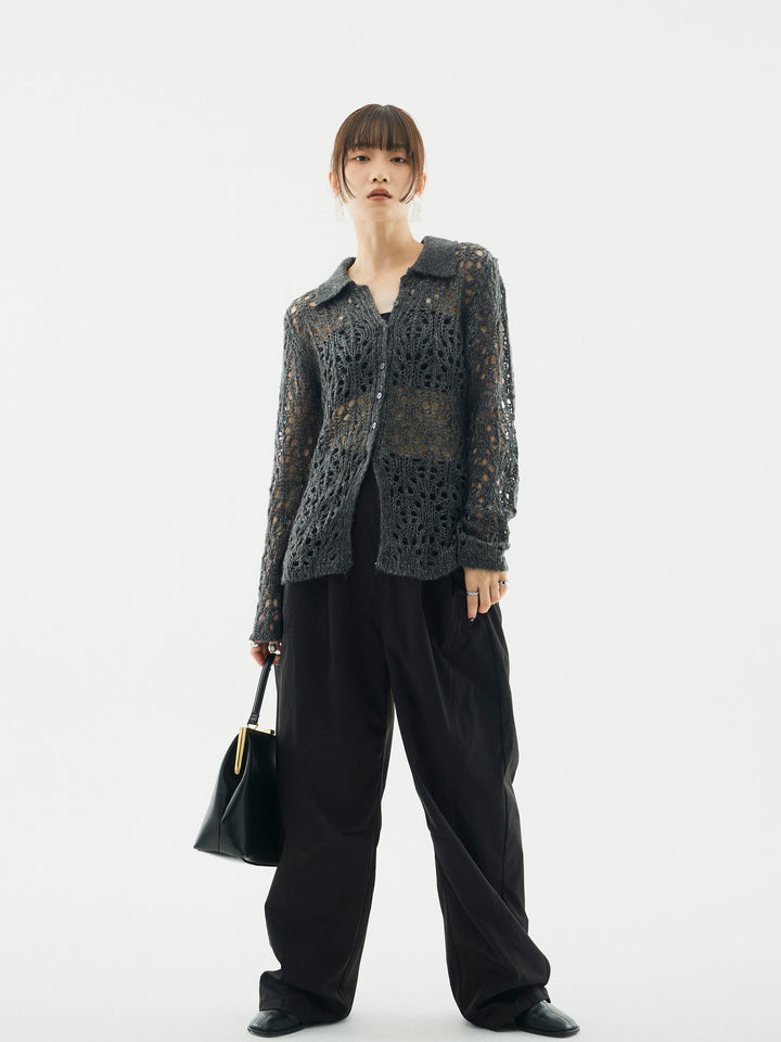 【Allure】[SET]ローゲージ透かし編みポロニッカーディガン+タフタワイドカーブパンツ(2set)