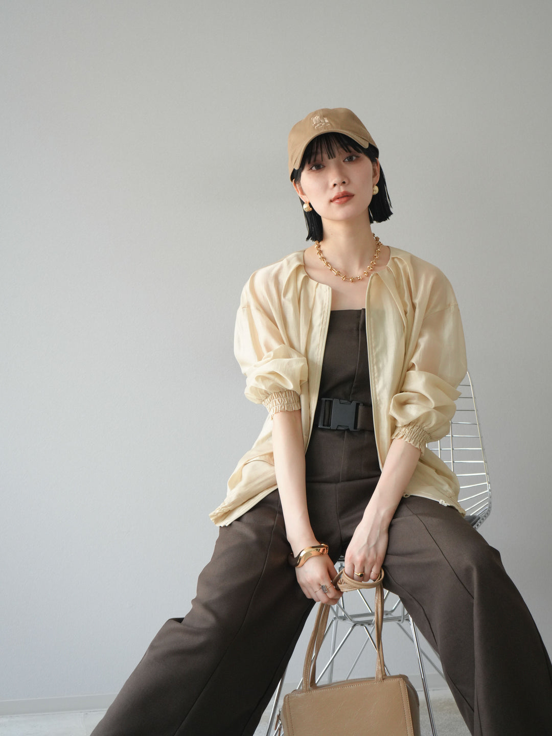 [SET]タックデザインシアーブルゾン+ヘザーツイルベルト付ベアサロペット(2set)