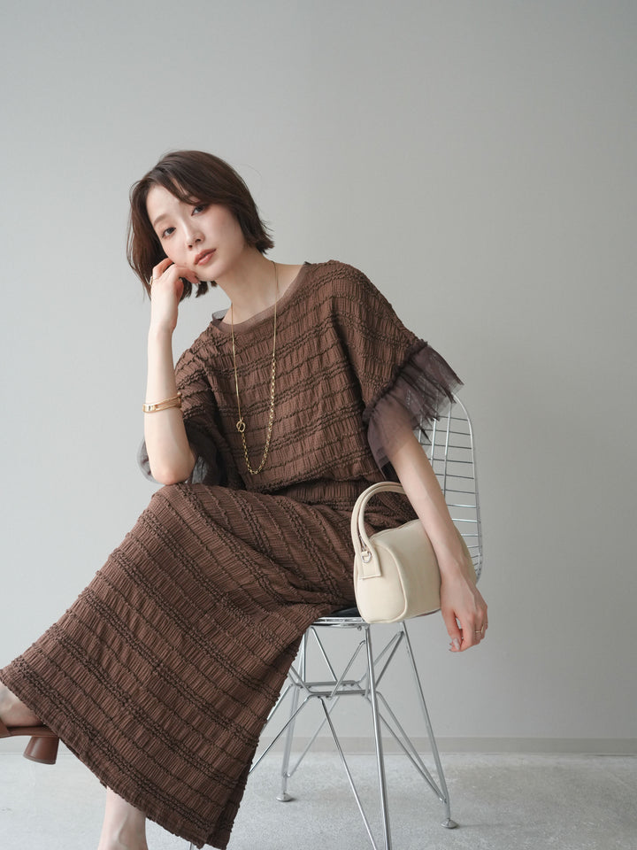 [SET]チュール袖リップルトップス+リップルIラインスカート(2set)