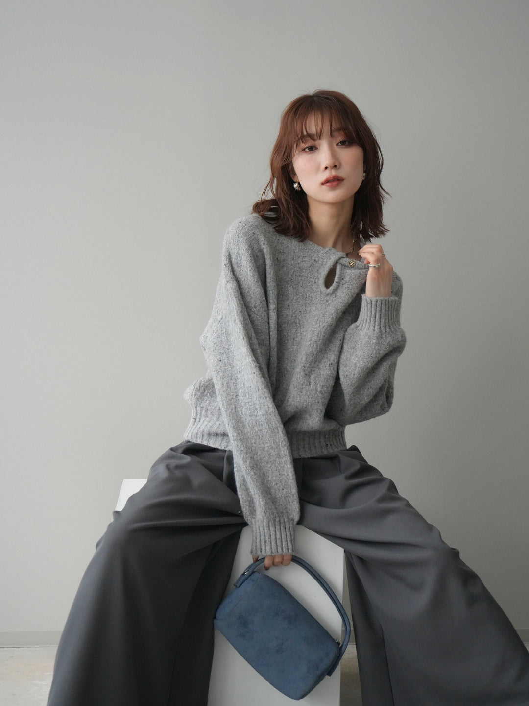 [予約]ツイストネックラメネップヤーンニットプルオーバー/gray