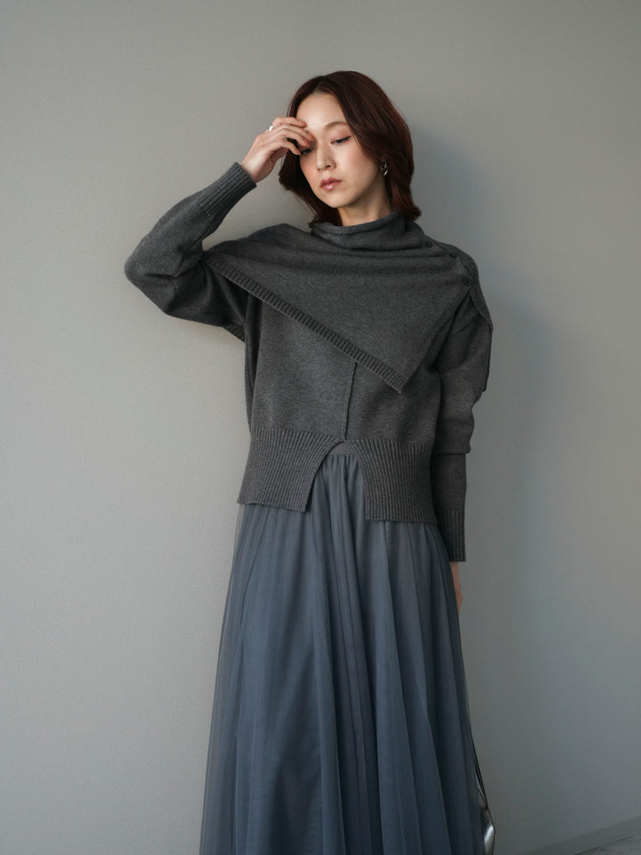[予約]フロントスリットネックアンサンブルニット/charcoal