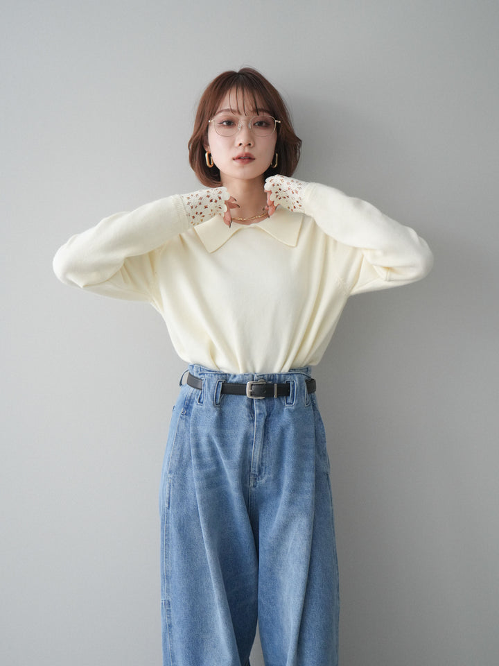 [SET]スカラップレース袖襟付きニットトップス+選べるアクセセット(2set)