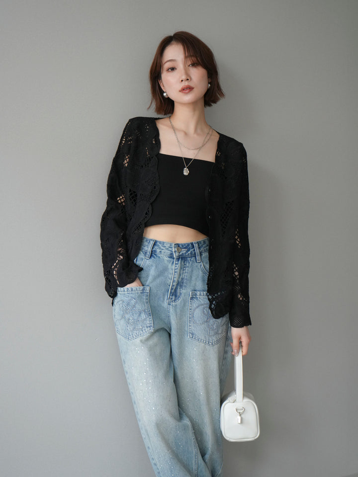 【套裝】3D蕾絲蕾絲上衣+內建胸罩羅紋抹胸吊帶背心（兩件組）