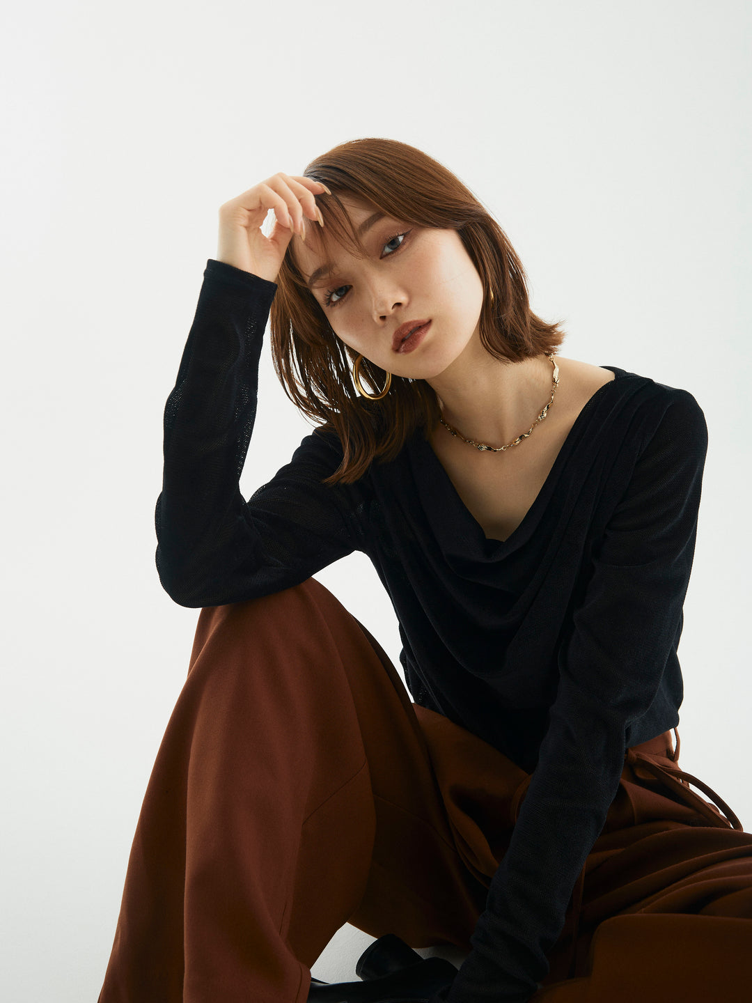 【Allure】[SET]シアーベロアタックデザイントップス+ラップデザインタックワイドパンツ(2set)