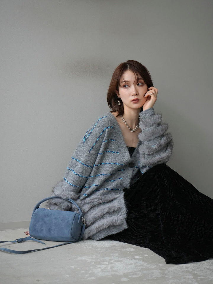 [予約]フェザーライン配色シャギーニットカーディガン/グレー