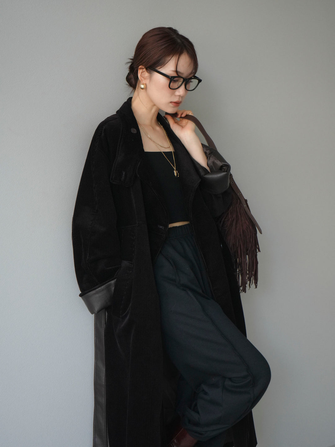 [予約]コーデュロイ折り返しレザーロングコート/brown