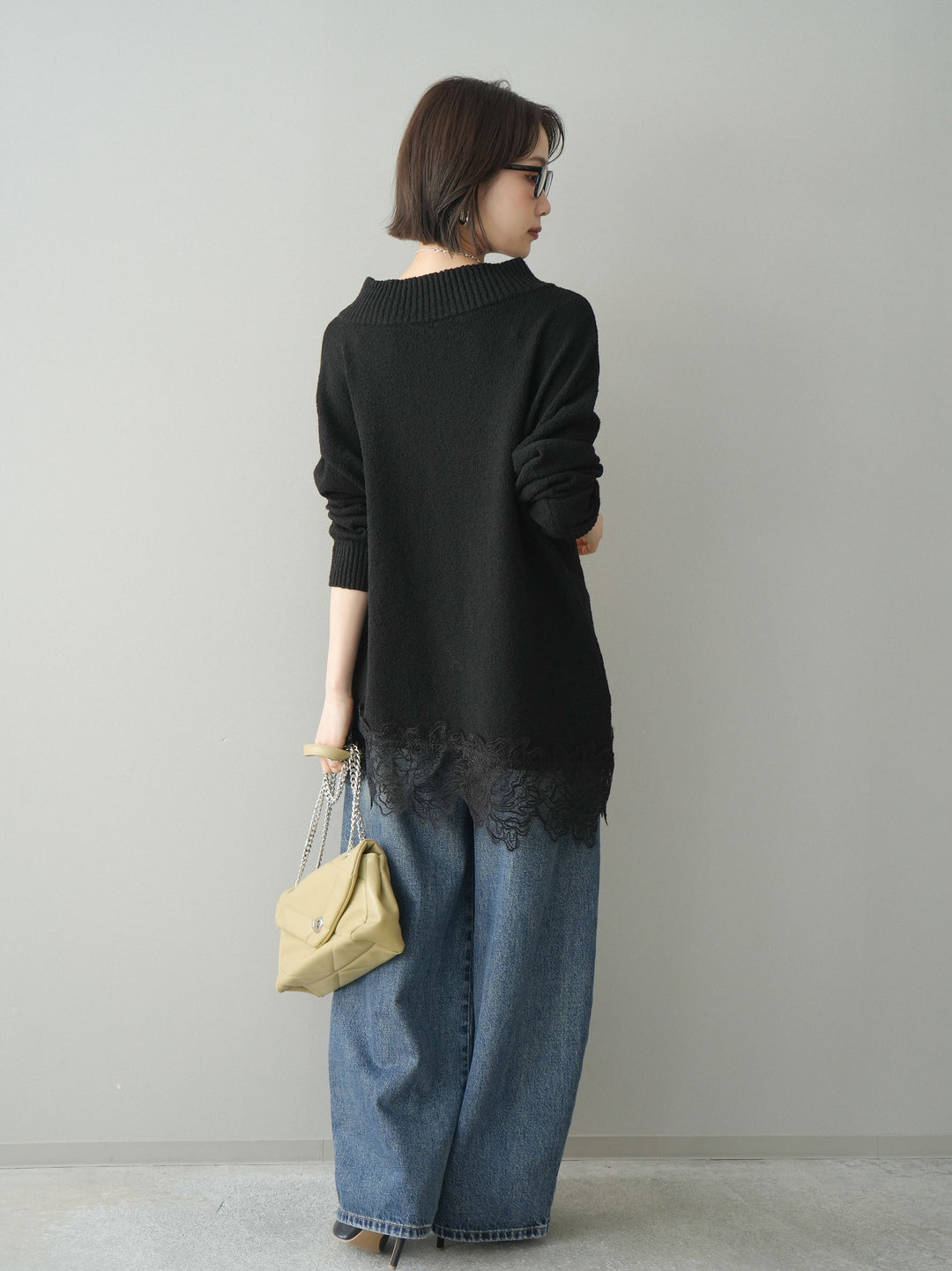 [SET]アシンメトリーレースヘムニットプルオーバー+ダメージデニムセミワイドパンツ(2set)
