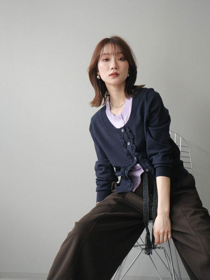 [予約]配色レイヤードフリルデザインニットカーディガン/black