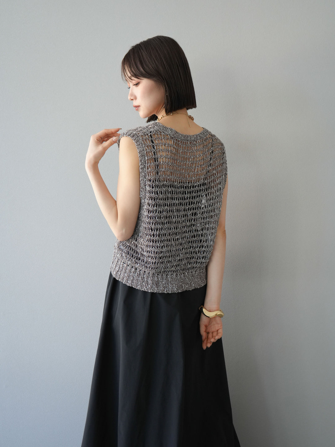 [預購] 混紗鏤空針織背心/棕色