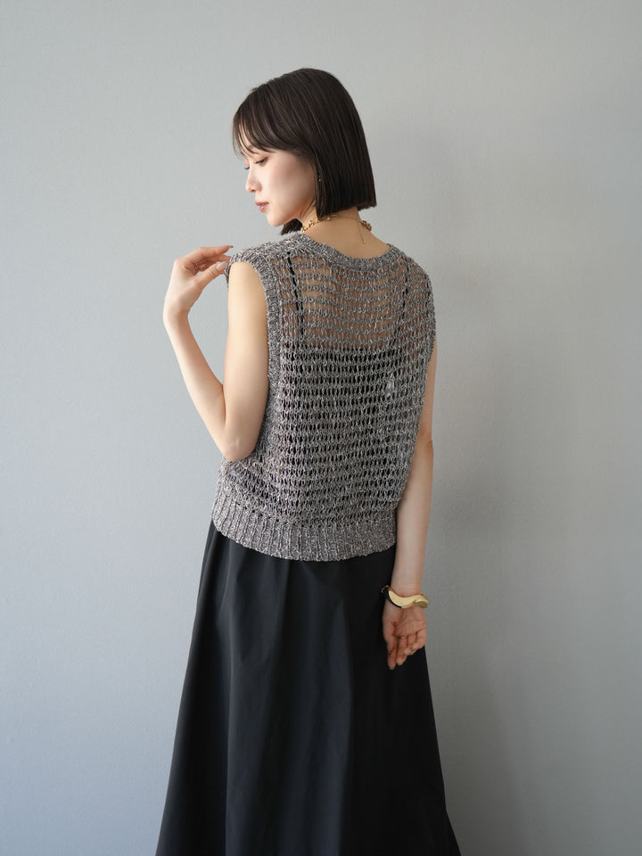[預購] 混紗鏤空針織背心/棕色