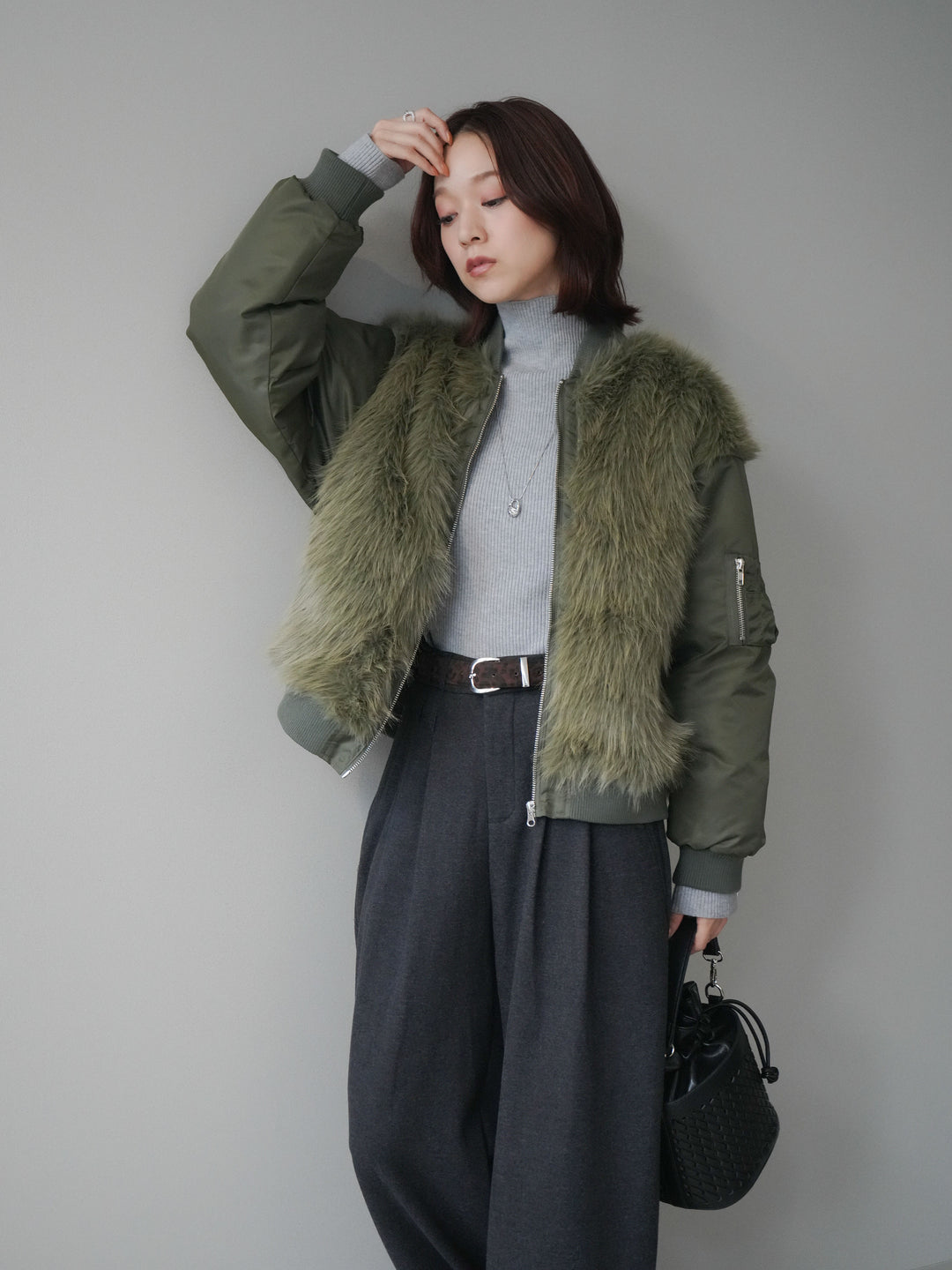 [SET]ファードッキングMA-1+アニマル柄ベルト付きウールタッチワイドパンツ(2set)