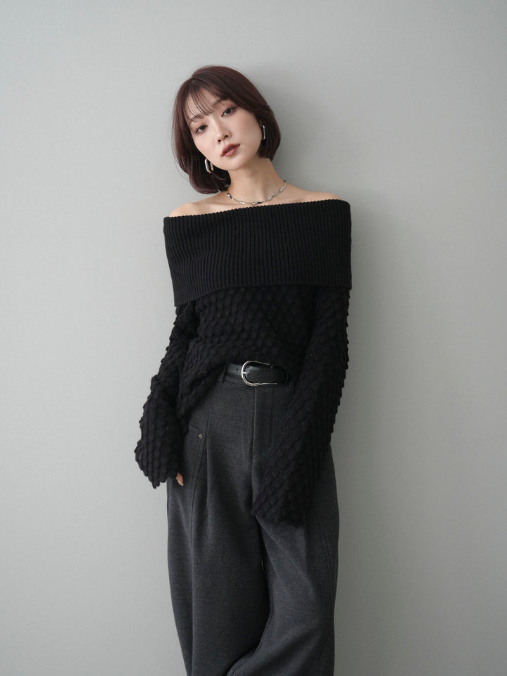 [SET]ポコポコ編みオフショルニットプルオーバー+ベルト付起毛コクーンパンツ(2set)