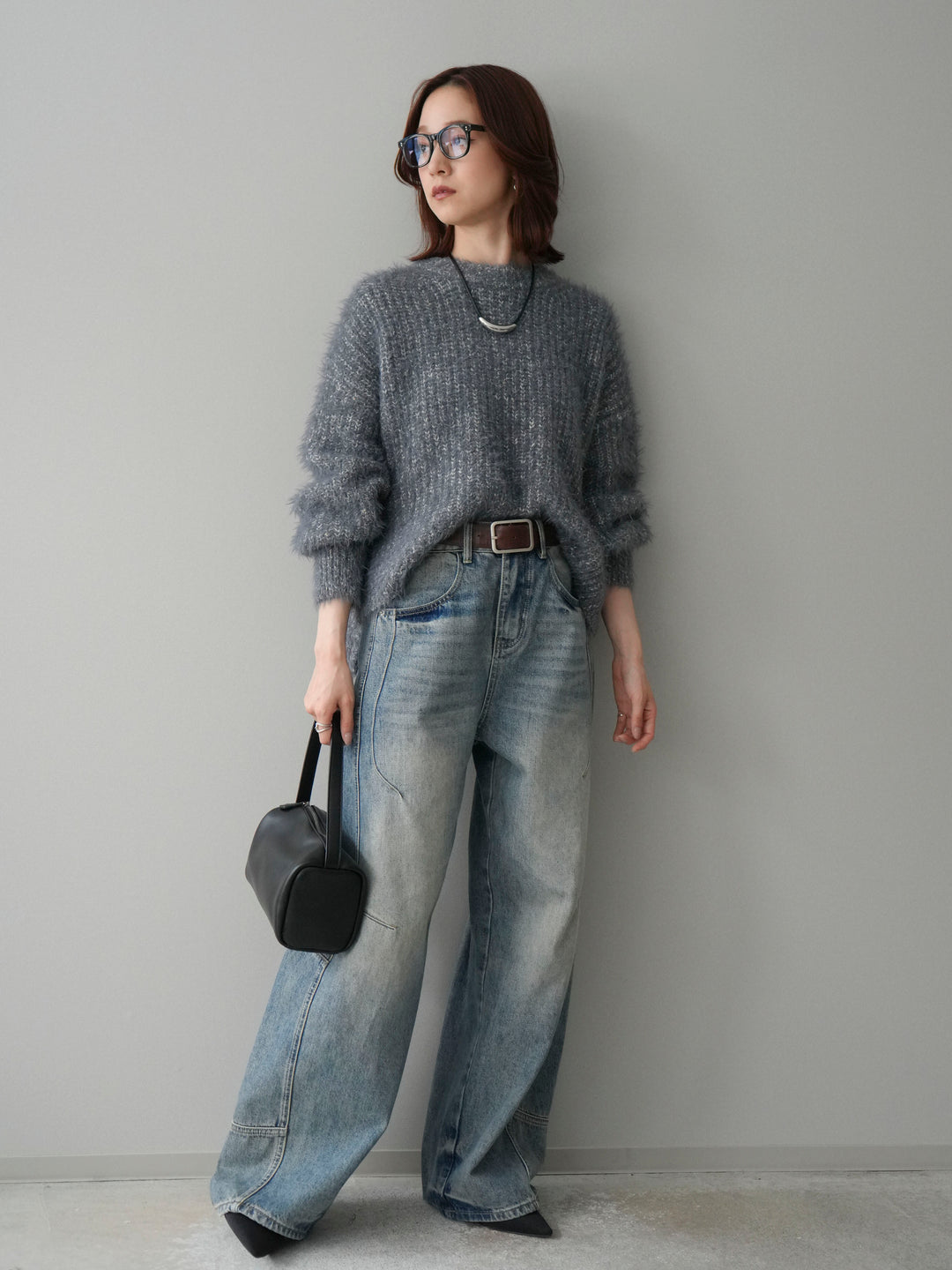 [SET]ボリュームスリーブシャギー MIXニットプルオーバー+ベルト付カーブデニムパンツ(2set)