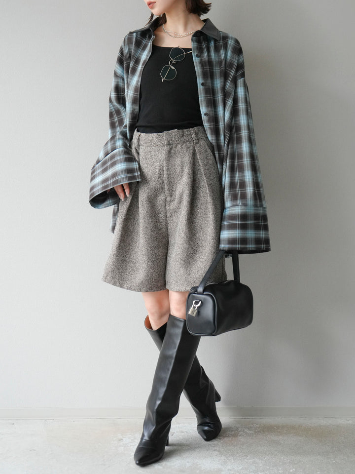 [SET]レザー襟オンブレチェックオーバーシャツ +ツイードハーフパンツ(2set)