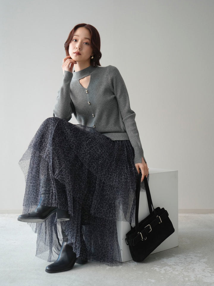 [予約]チョーカーデザインボタンリブニットトップス/gray