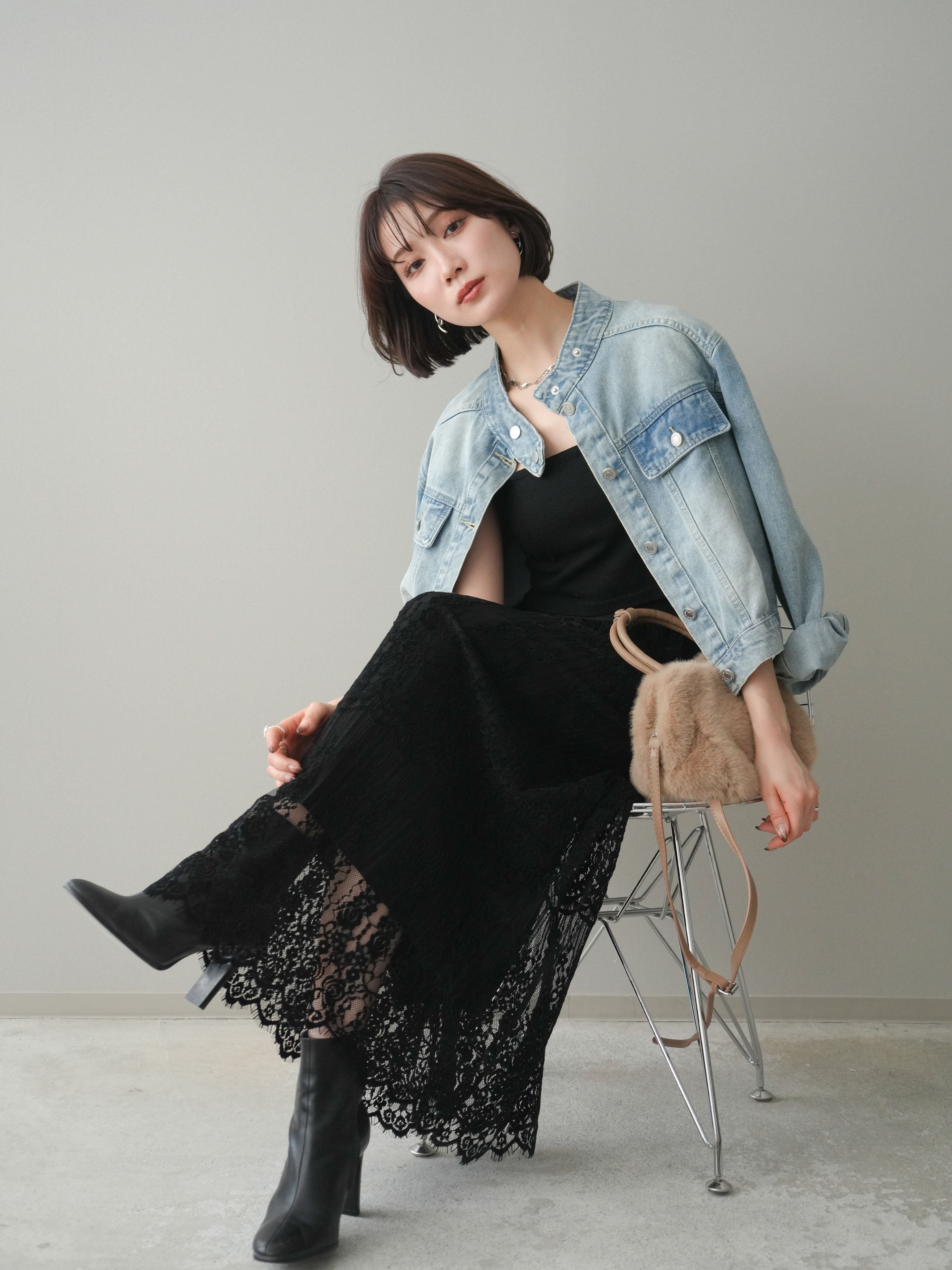 SET]スタンドカラーコンパクトデニムジャケット+スタンドカラー