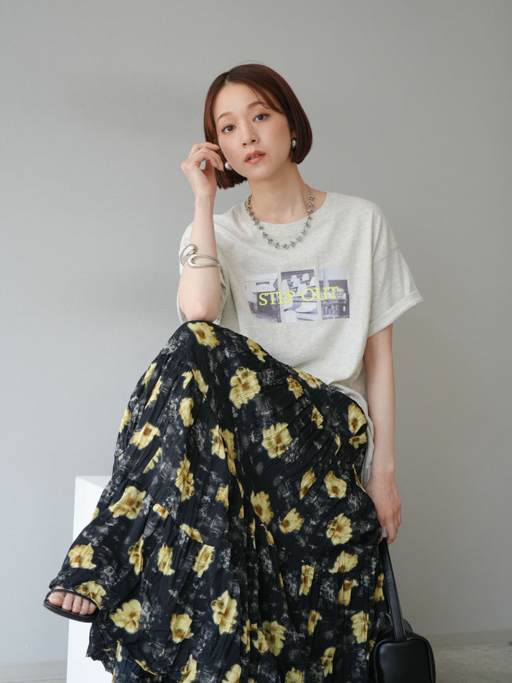 [SET]ネオンロゴコラージュフォトプリントオーバーTシャツ+フラワーワッシャーロングスカート(2set)
