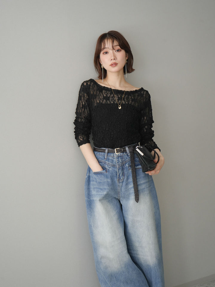 [予約]サイドギャザーレーストップス/black